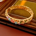 Vintage floral enamel bangle in gold finish with colorful flowers and crystals - 17# Bracelet-Gold-Pink Enamel Floral Style