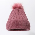 Pink knitted beanie with large pom-pom, soft ribbed stretch winter hat for women - Pink Purple