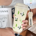 Beige panda cartoon stainless steel coffee tumbler with convenient woven carry strap - 500ml / Bamboo Panda