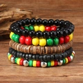 5-piece Jamaica style beaded bracelet set with red, yellow, and green wooden beads - Red Yellow Green 5-piece Set