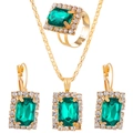 Golden teardrop jewelry set with emerald green rectangular stones and crystal halo - KC Gold Green Style (2078)