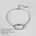 Bracciale in acciaio inossidabile argento con catena a graffetta e ciondolo ovale - Chiusura 25x13mm (Lunghezza 15+3cm) / Stile Maglia Piatta Argento (XBL0059-1)