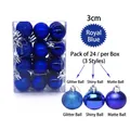 Detailed view of 24-piece royal blue 3cm Christmas ball set with assorted finishes - Shiny Matte Glitter Mix / Sapphire Blue