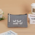 Gray striped canvas makeup bag with 'but first, make-up!' print and black zipper detail - Dotted Letters / Gray
