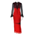 Elegante rood-zwarte mesh maxi-jurk met trompetmouwen en vetersluiting bij de halslijn - S / Rood