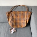 Brown and yellow plaid wool tote bag with spacious design for daily commute styling - Orange Large (No Pendant)