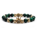 Luxury green tiger eye stone bead bracelet featuring a gold crown and micro-pave crystals - Green Tiger Eye Gold