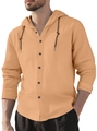 Men's hooded drawstring cotton linen shirt in warm khaki with long sleeves and loose fit - Earthy Yellow