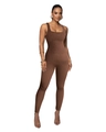 Detailed view of brown ribbed knit texture on a sleeveless square neck yoga jumpsuit - Brown