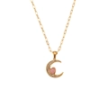 Gold moon and pink heart pendant necklace with rhinestones and polished finish - Cute Micro-pave Crescent Heart Pendant Necklace - Gold - Pink Heart