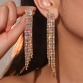 Luxurious long tassel earrings featuring colorful rhinestones with gold-plated geometric design - Rainbow Gradient Gold Base Long Tassel (DTE1616760GL-WAB)