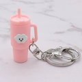 Pink silicone cup keychain with a smiley cloud pattern and silver metal clasp ring - Pink Cloud Cup Keychain