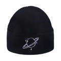 Black knit beanie with white planet embroidery and classic cuffed hem for winter - White Satellite Embroidery / Black