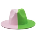 Two-tone pink and green wool felt fedora hat with a stylish flat brim jazz design - M (56-58cm) / Pink & Fruit Green