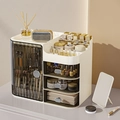 Organizzatore cosmetico beige con cassetti multistrato e porta pennelli trasparente - Con Specchio da Trucco / Nero e Bianco Trasparente
