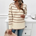 Dames V-hals gestreepte gebreide trui in beige en kaki met een losse pasvorm - S / Beige Abrikoos