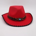 Red western cowboy hat with brown braided band, blue turquoise stone and black stitched edge - One Size / Red With Black Edge (Cross Rope)