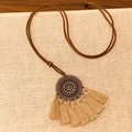 Macro view of vintage bronze mandala pendant with rhinestones and beige cotton tassels - Mandala Disc Tassel Style (4# Necklace-Light Brown-Round)