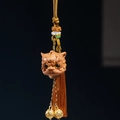 Green sandalwood dancing lion pendant with handmade tassels and golden bells for luck - One-Horned Awakening Lion Style (22) / 3.4x3.1cm / Wood Color