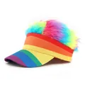 Funny rainbow striped visor cap with colorful faux fur wig for festivals and parties - Rainbow Color Hair