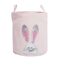 Pink round fabric laundry basket with glitter rabbit design and reinforced handles - Sequined Rabbit Head