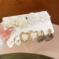 Detailed set of floral pearl earrings with heart charms and grey leaf accents - 5-Pair Flower Heart Combination (HE29804)