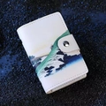 White leather small card holder with Ukiyo-e style landscape print and silver snap button - Inume Pass - 20 Slots