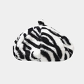 Close-up of zebra print beret hat featuring soft faux fur texture and pom-pom detail - One Size / Zebra Print White