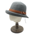 Grey wool fedora hat with brown leather straps and metallic rivets on a studio model head - M (56-58cm) / Gray