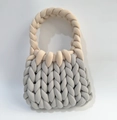 Handmade chunky knit tote bag featuring grey and beige color block woven cotton rope - Medium Grey + Khaki