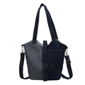 Blaue Denim-Beuteltasche im Patchwork-Design mit verstellbarem Schultergurt - Dunkelblau