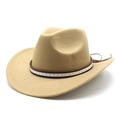 Detail of khaki felt cowboy hat featuring brown leather band with star studs decoration - M (56-58cm) / Camel