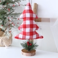 Mini sapin de Noël en tissu vichy rouge sur socle en bois avec baies rouges décoratives - Grand / Carreaux Rouge Blanc