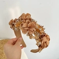 Detail of 3D embroidered flowers with rhinestones and beads on a wide headband - 3D Flower Rhinestone Headband / Khaki