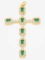 Gold cross pendant necklace with green emerald-cut zircon and white crystal accents - Style 74/Gold Green Square White Rhinestone Cross