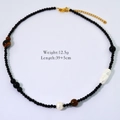 Detail of beaded ocean necklace showing 12.5g weight and 39+5cm length measurements - Onyx Tiger Eye Pearl Beaded Necklace