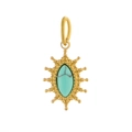 Detailed close-up of a vintage sunburst pendant with turquoise stone and golden frame - Gold + Turquoise (WP36892BQ12)