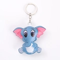 Blue PU leather elephant keychain with white stitching and metal ring on white background - Elephant