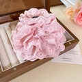 Gros plan détaillé d'une pince à cheveux rose en dentelle dans un écrin en bois - Pince à cheveux rose / Rose