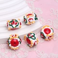 Five assorted hand-painted ceramic barrel beads with floral patterns for DIY jewelry making - Red Bead + White Cream + Green Flower