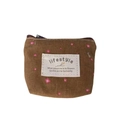 Brown canvas mini coin purse with pink floral pattern and lifestyle woven label - Coffee