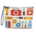 Portable cream canvas cosmetic bag with outdoor survival gear icons and black strap - Emergency Tools Theme 3 (With Wristlet)