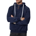 Detail eines dunkelblauen Hoodies mit weißen Kordelzügen und halbem Reißverschluss - S / Oberteile / Marineblau
