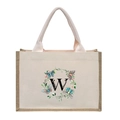Linen canvas tote bag with floral letter W print and soft pink handles - Butterfly Floral Letter W