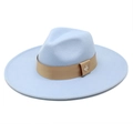 Light blue wide brim wool fedora hat with gold ribbon and bee metal charm accent - M (56-58cm) / Sky Blue
