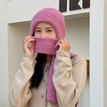 Cagoule écharpe en tricot rose avec texture côtelée pour protection hivernale - Motif de torsion / Rose Poudré