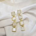 Elegant gold drop earrings with square white mother of pearl and sparkling crystals - Geometric Square Splicing Full Rhinestone Style (E2101) / Gold White