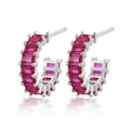 925 silver C-shape hoop earrings featuring square-cut fuchsia cubic zirconia stones - Silver Red