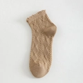 Khaki cotton ankle socks featuring vintage diamond lattice and ruffled lace cuffs - One Size / Khaki