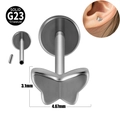 Solid G23 titanium butterfly stud earring with 3.1mm cz flower in silver finish - Steel Color-Butterfly / 0.8x8mm Push Pin